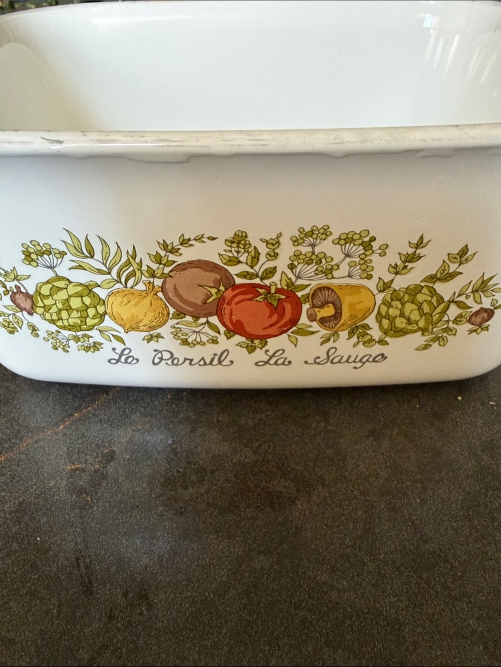 Corningware White Casserole Dish with Green, Red, Brown Vegetable Motif
